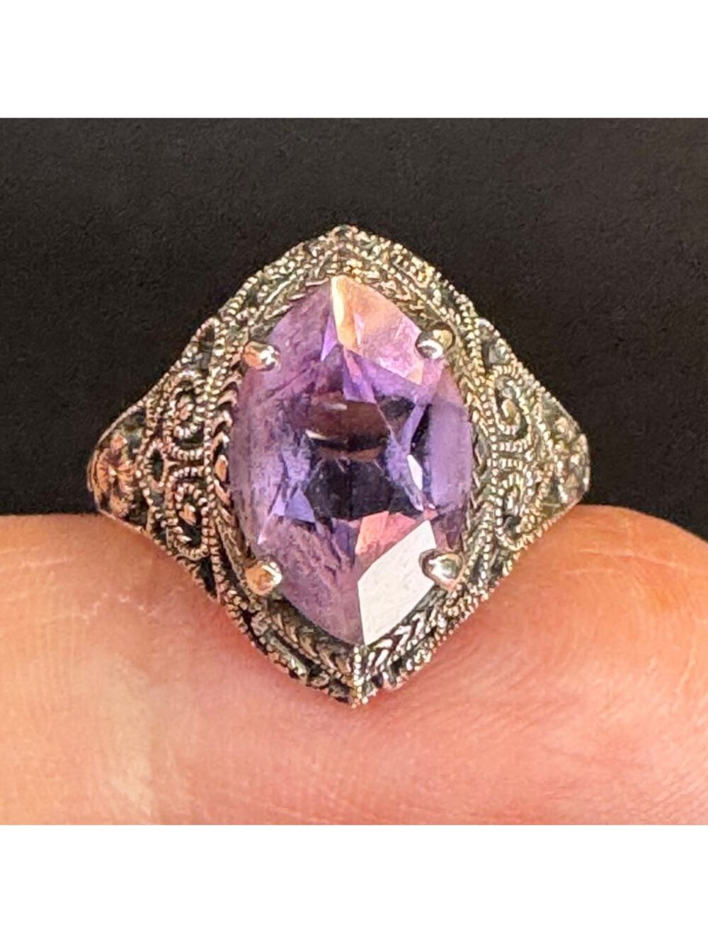 Sterling Silver 925 Pale Amethyst Prong Set Scroll Filigree Ring Size 7.75